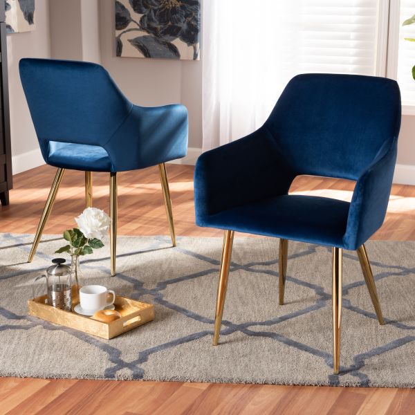 Germaine Glam and Luxe Navy Blue Velvet Fabric Upholstered Gold Finished 2-Piece Metal Dining Chair Set