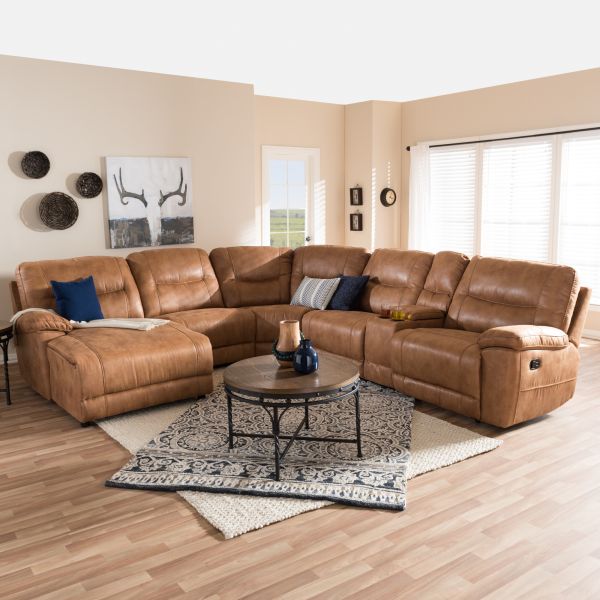 Mistral Modern and Contemporary Light Brown Palomino Suede 6-Piece Sectional with Recliners Corner Lounge Suite 