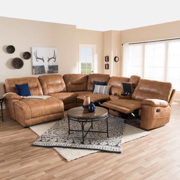 Mistral Modern and Contemporary Light Brown Palomino Suede 6-Piece Sectional with Recliners Corner Lounge Suite 