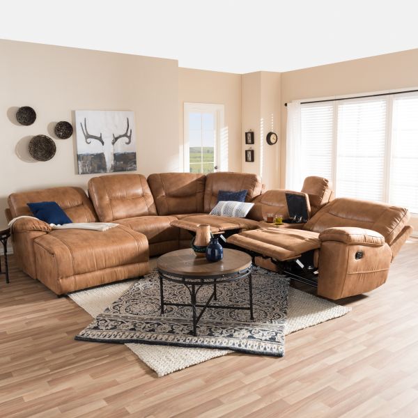 Mistral Modern and Contemporary Light Brown Palomino Suede 6-Piece Sectional with Recliners Corner Lounge Suite 