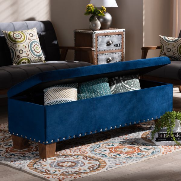 Hannah Modern and Contemporary Navy Blue Velvet Fabric Upholstered Button-Tufted Storage Ottoman Bench