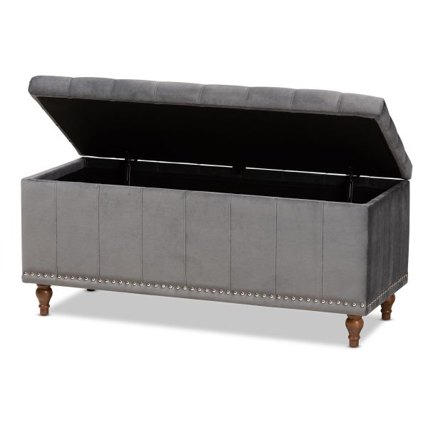 Kaylee Modern and Contemporary Grey Velvet Fabric Upholstered Button-Tufted Storage Ottoman Bench