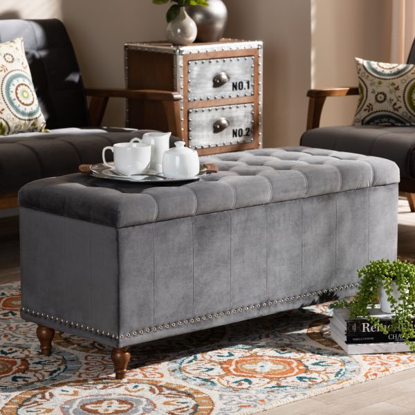 Kaylee Modern and Contemporary Grey Velvet Fabric Upholstered Button-Tufted Storage Ottoman Bench