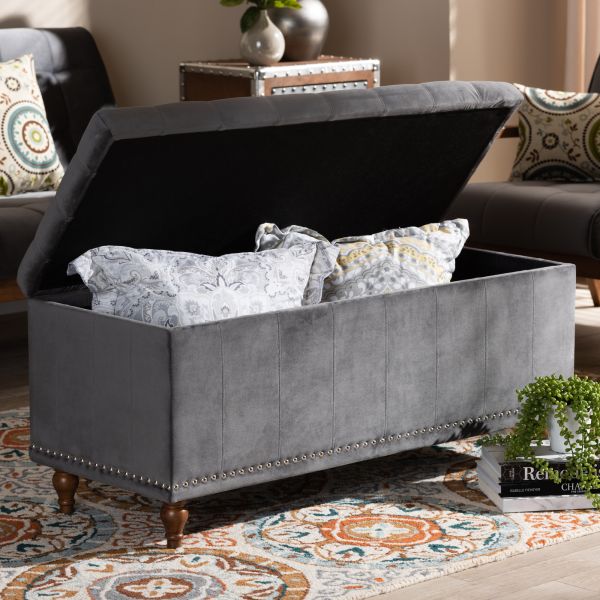 Kaylee Modern and Contemporary Grey Velvet Fabric Upholstered Button-Tufted Storage Ottoman Bench