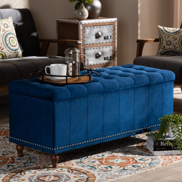 Kaylee Modern and Contemporary Navy Blue Velvet Fabric Upholstered Button-Tufted Storage Ottoman Bench