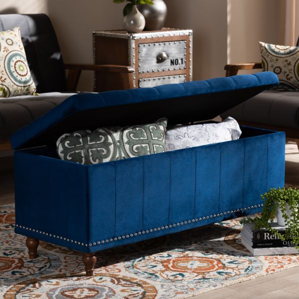 Kaylee Modern and Contemporary Navy Blue Velvet Fabric Upholstered Button-Tufted Storage Ottoman Bench