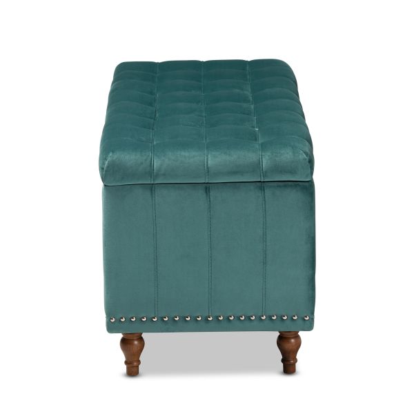 Kaylee Modern and Contemporary Teal Blue Velvet Fabric Upholstered Button-Tufted Storage Ottoman Bench