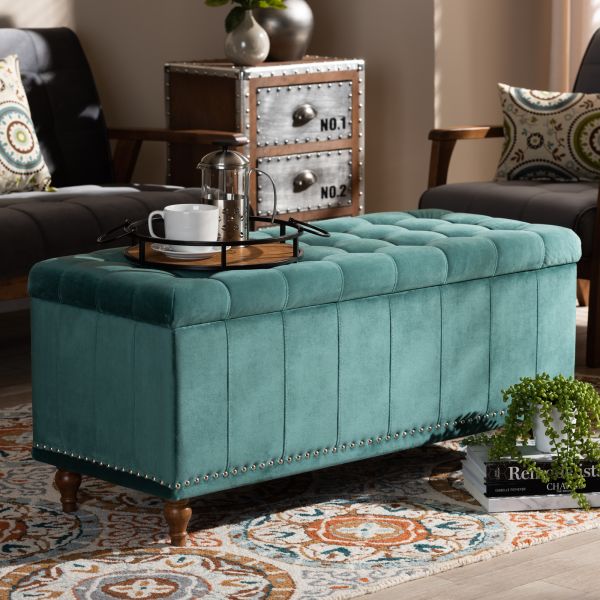 Kaylee Modern and Contemporary Teal Blue Velvet Fabric Upholstered Button-Tufted Storage Ottoman Bench