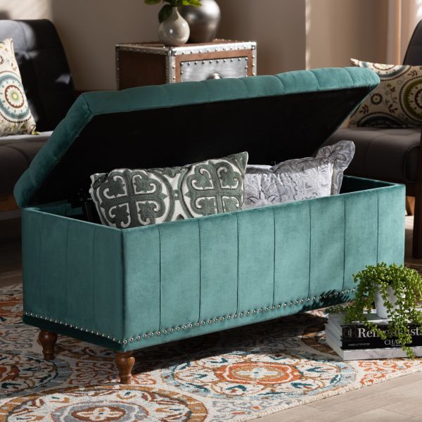 Kaylee Modern and Contemporary Teal Blue Velvet Fabric Upholstered Button-Tufted Storage Ottoman Bench