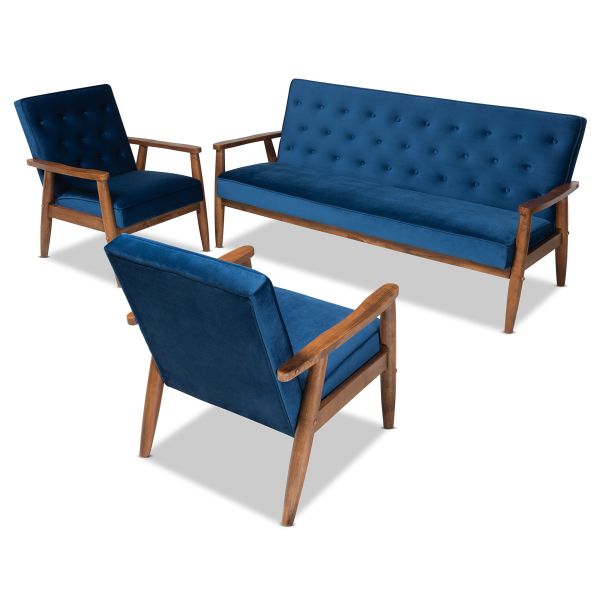 Sorrento Mid-century Modern Navy Blue Velvet Fabric Upholstered Walnut Finished 3-Piece Wooden Living Room Set