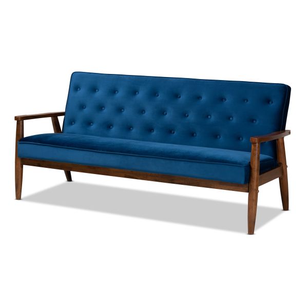 Sorrento Mid-century Modern Navy Blue Velvet Fabric Upholstered Walnut Finished 3-Piece Wooden Living Room Set