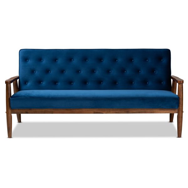 Sorrento Mid-century Modern Navy Blue Velvet Fabric Upholstered Walnut Finished Wooden 3-seater Sofa