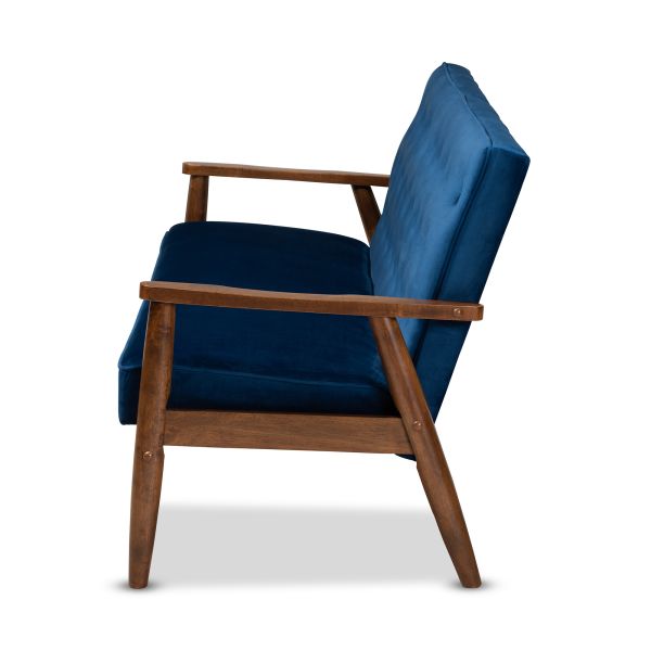 Sorrento Mid-century Modern Navy Blue Velvet Fabric Upholstered Walnut Finished Wooden 3-seater Sofa