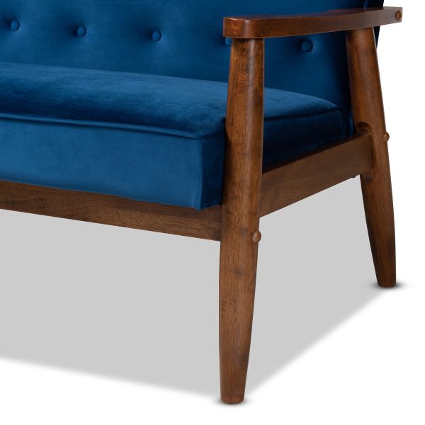 Sorrento Mid-century Modern Navy Blue Velvet Fabric Upholstered Walnut Finished Wooden 3-seater Sofa