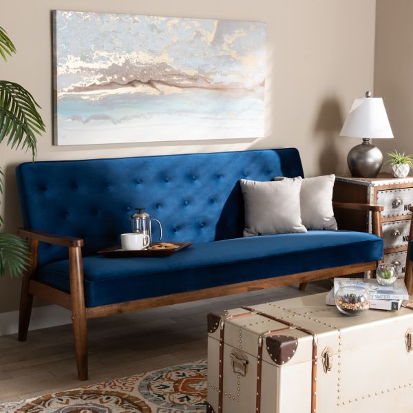 Sorrento Mid-century Modern Navy Blue Velvet Fabric Upholstered Walnut Finished Wooden 3-seater Sofa