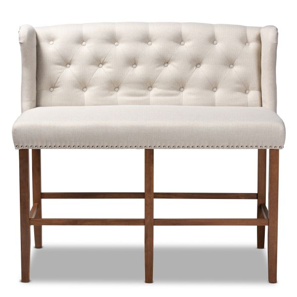 Alira Modern and Contemporary Beige Fabric Upholstered Walnut Finished Wood Button Tufted Bar Stool Bench