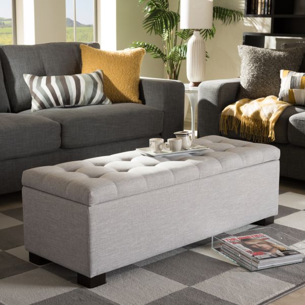 Roanoke Modern and Contemporary Grayish Beige Fabric Upholstered Grid-Tufting Storage Ottoman Bench