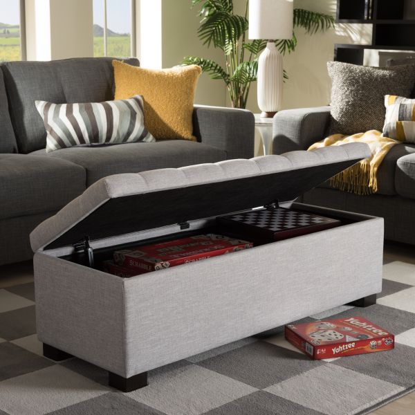 Roanoke Modern and Contemporary Grayish Beige Fabric Upholstered Grid-Tufting Storage Ottoman Bench