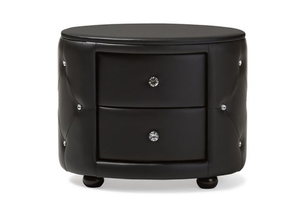 Davina Hollywood Glamour Style Oval 2-drawer Black Faux Leather Upholstered Nightstand