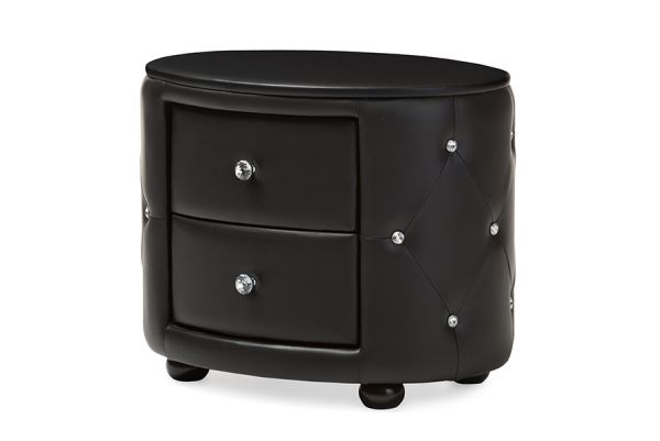 Davina Hollywood Glamour Style Oval 2-drawer Black Faux Leather Upholstered Nightstand