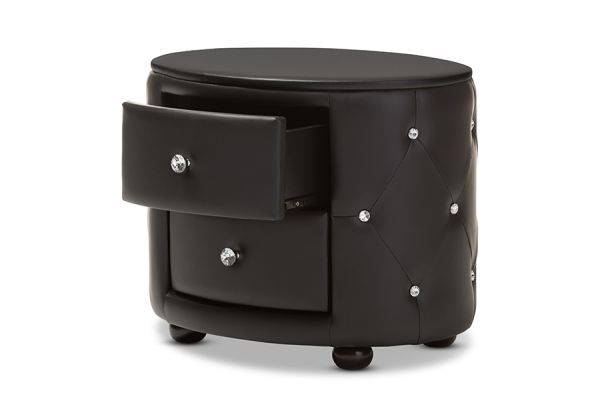 Davina Hollywood Glamour Style Oval 2-drawer Black Faux Leather Upholstered Nightstand
