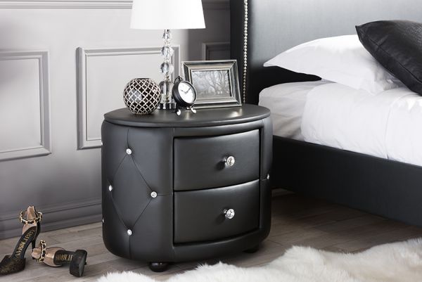 Davina Hollywood Glamour Style Oval 2-drawer Black Faux Leather Upholstered Nightstand