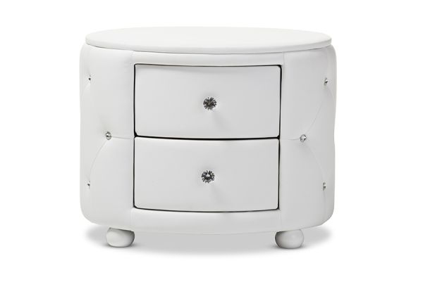 Davina Hollywood Glamour Style Oval 2-drawer White Faux Leather Upholstered Nightstand