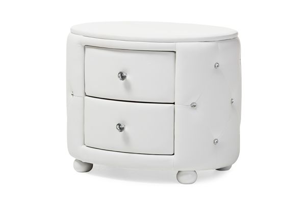 Davina Hollywood Glamour Style Oval 2-drawer White Faux Leather Upholstered Nightstand