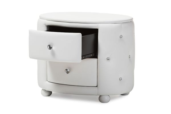 Davina Hollywood Glamour Style Oval 2-drawer White Faux Leather Upholstered Nightstand