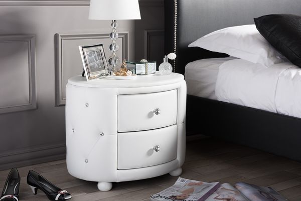 Davina Hollywood Glamour Style Oval 2-drawer White Faux Leather Upholstered Nightstand
