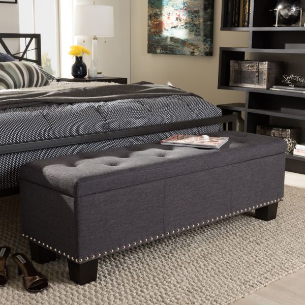 Hannah Modern and Contemporary Dark Grey Fabric Upholstered Button-Tufting Storage Ottoman Bench