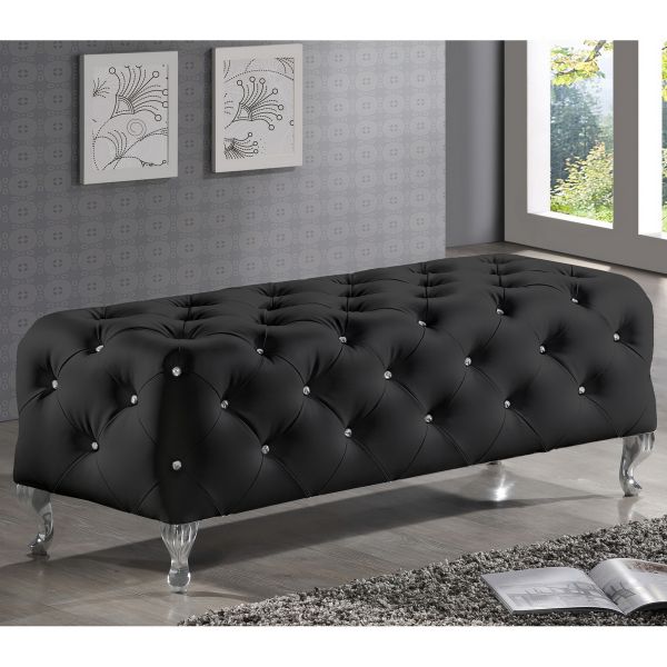 Stella Crystal Tufted Black Leather Modern Bench