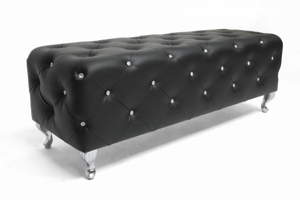 Stella Crystal Tufted Black Leather Modern Bench