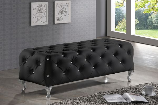 Stella Crystal Tufted Black Leather Modern Bench