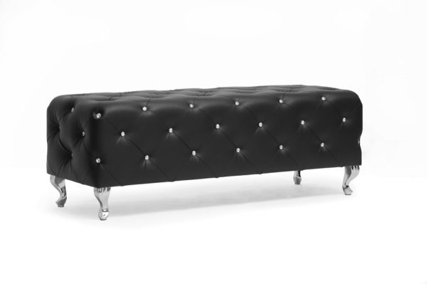 Stella Crystal Tufted Black Leather Modern Bench