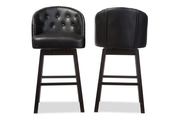Avril Modern and Contemporary Black Faux Leather Tufted Swivel Barstool with Nail heads Trim (Set of 2)