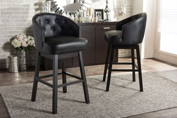 Avril Modern and Contemporary Black Faux Leather Tufted Swivel Barstool with Nail heads Trim (Set of 2)