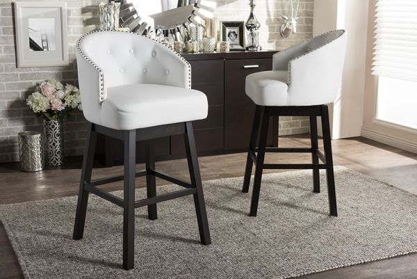 Avril Modern and Contemporary White Faux Leather Tufted Swivel Barstool with Nail heads Trim (Set of 2)