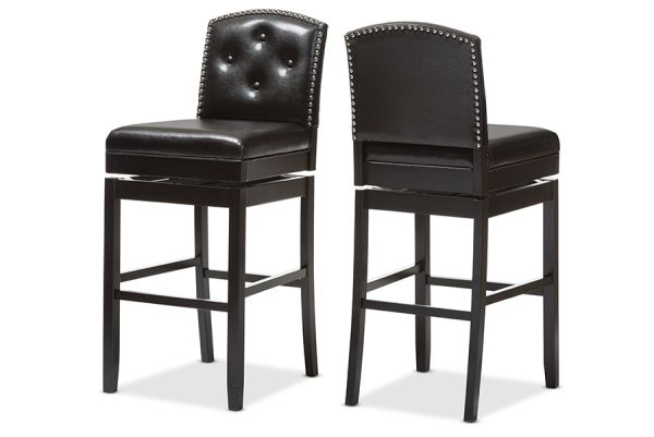 Ginaro Modern and Contemporary Dark Brown Faux Leather Button-tufted Upholstered Swivel Bar Stool (Set of 2)