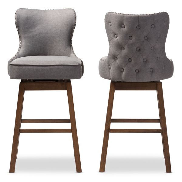 Gradisca Modern and Contemporary Brown Wood Finishing and Grey Fabric Button-Tufted Upholstered Swivel Barstool