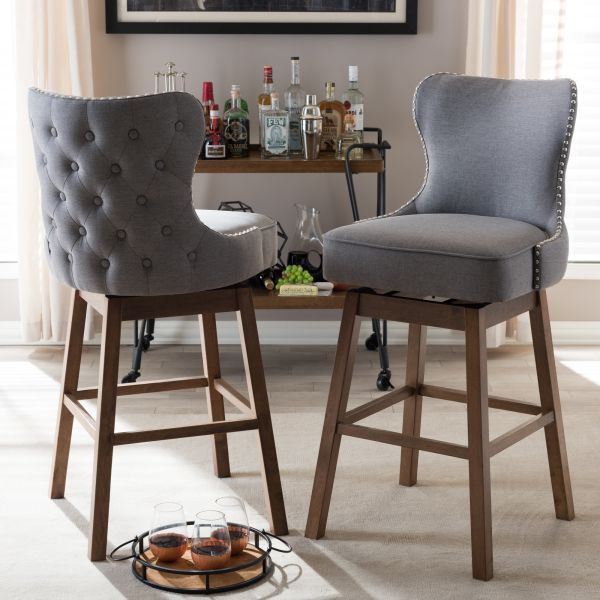 Gradisca Modern and Contemporary Brown Wood Finishing and Grey Fabric Button-Tufted Upholstered Swivel Barstool