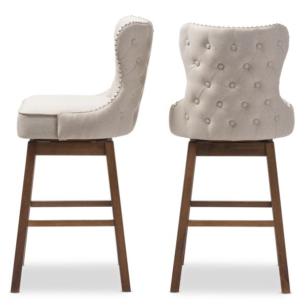 Gradisca Modern and Contemporary Brown Wood Finishing and Light Beige Fabric Button-Tufted Upholstered Swivel Barstool
