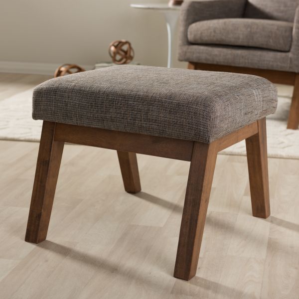 Aberdeen Mid-Century Modern Walnut Wood Finishing and Gravel Fabric Upholstered Ottoman