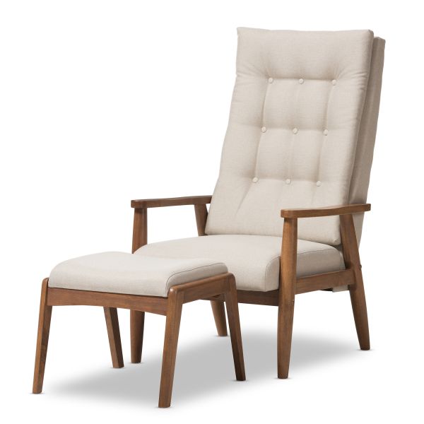 Roxy Mid-Century Modern Walnut Wood Finishing and Light Beige Fabric Upholstered Button-Tufted High-Back Lounge Chair and Ottoman Set