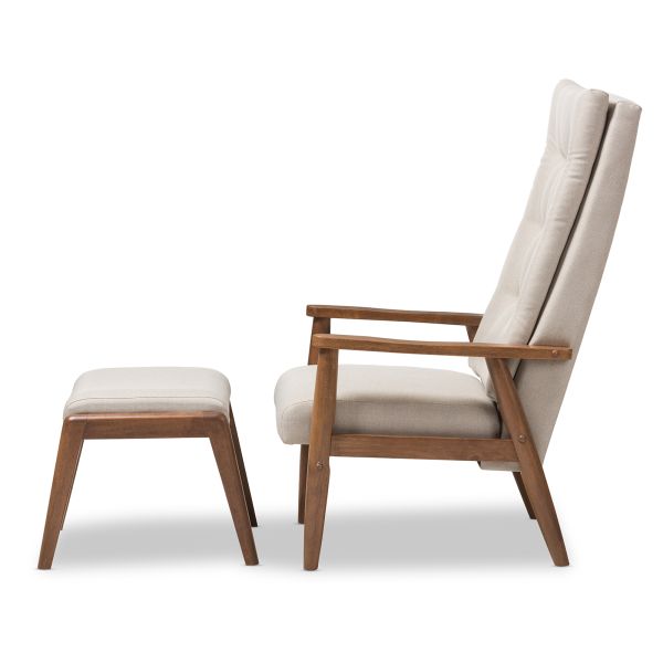 Roxy Mid-Century Modern Walnut Wood Finishing and Light Beige Fabric Upholstered Button-Tufted High-Back Lounge Chair and Ottoman Set