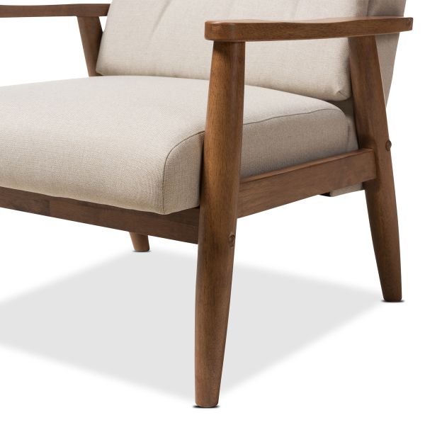 Roxy Mid-Century Modern Walnut Wood Finishing and Light Beige Fabric Upholstered Button-Tufted High-Back Lounge Chair and Ottoman Set