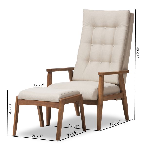Roxy Mid-Century Modern Walnut Wood Finishing and Light Beige Fabric Upholstered Button-Tufted High-Back Lounge Chair and Ottoman Set