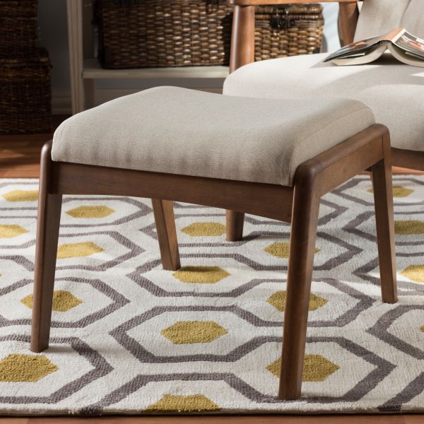 Roxy Mid-Century Modern Walnut Wood Finishing and Light Beige Fabric Upholstered Ottoman