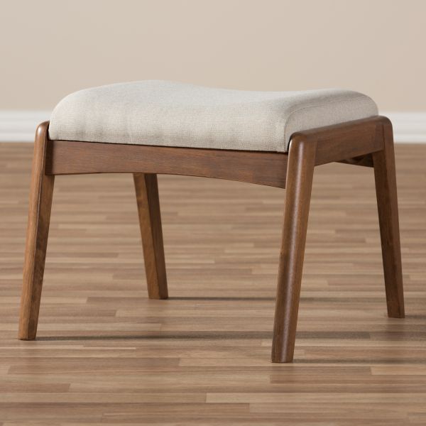 Roxy Mid-Century Modern Walnut Wood Finishing and Light Beige Fabric Upholstered Ottoman