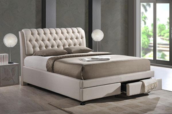 Ainge Contemporary Button-Tufted Light Beige Fabric Upholstered Storage King-Size Bed with 2-drawer